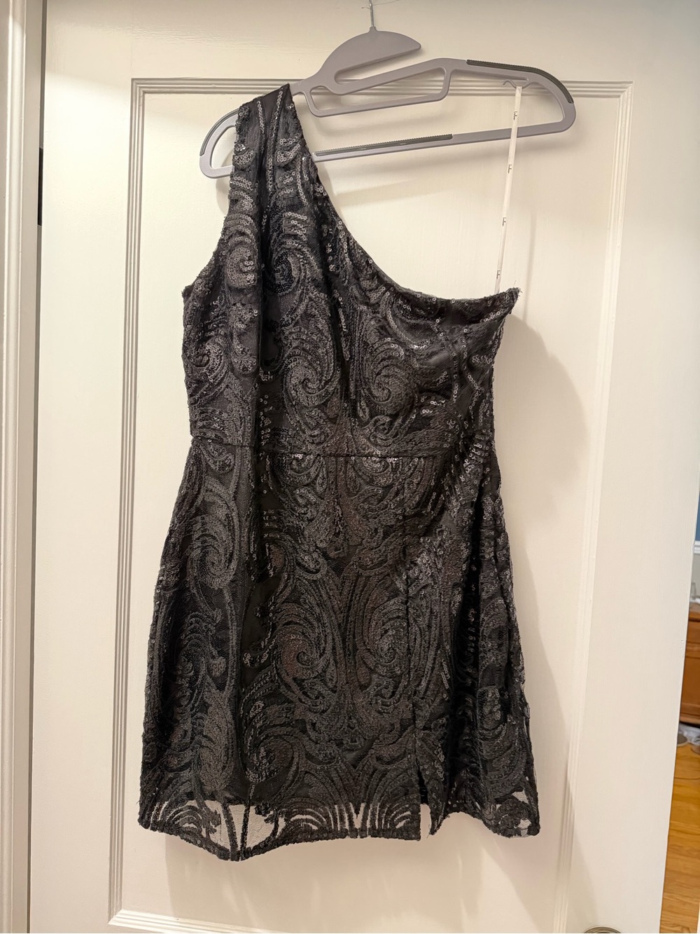 Lulu's Black One-Shoulder Sequin Lace Mini Dress